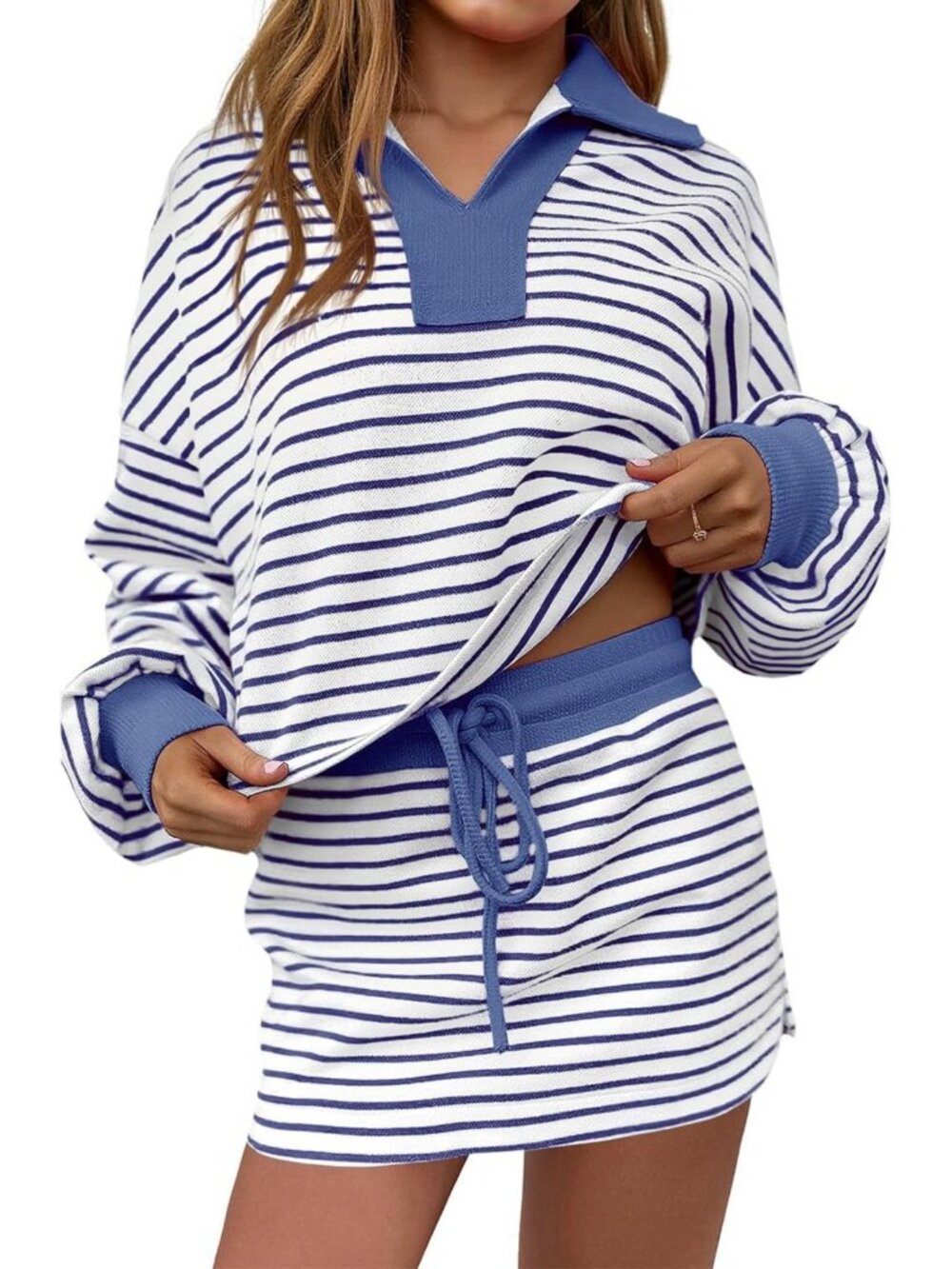 Chic Women's Striped 2-Piece Lounge Set - Long Sleeve Sweatshirt & Skirt Outfit